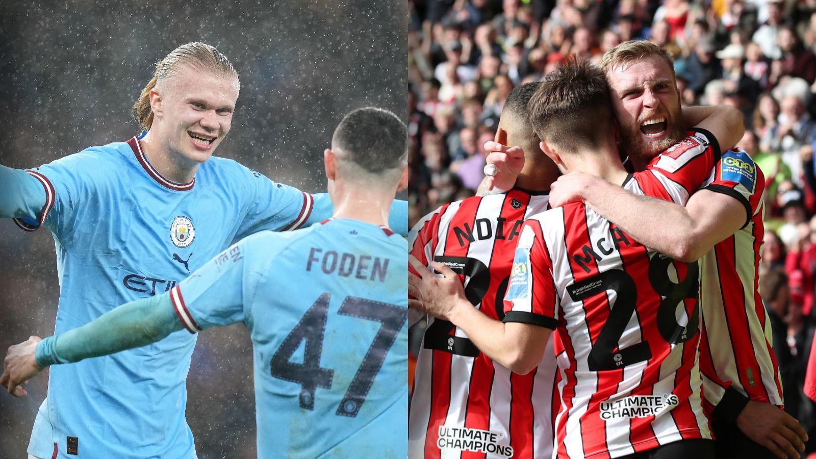 Split pic of Erling Haaland hugging Phil Foden, and Oli McBurnie hugging team-mates