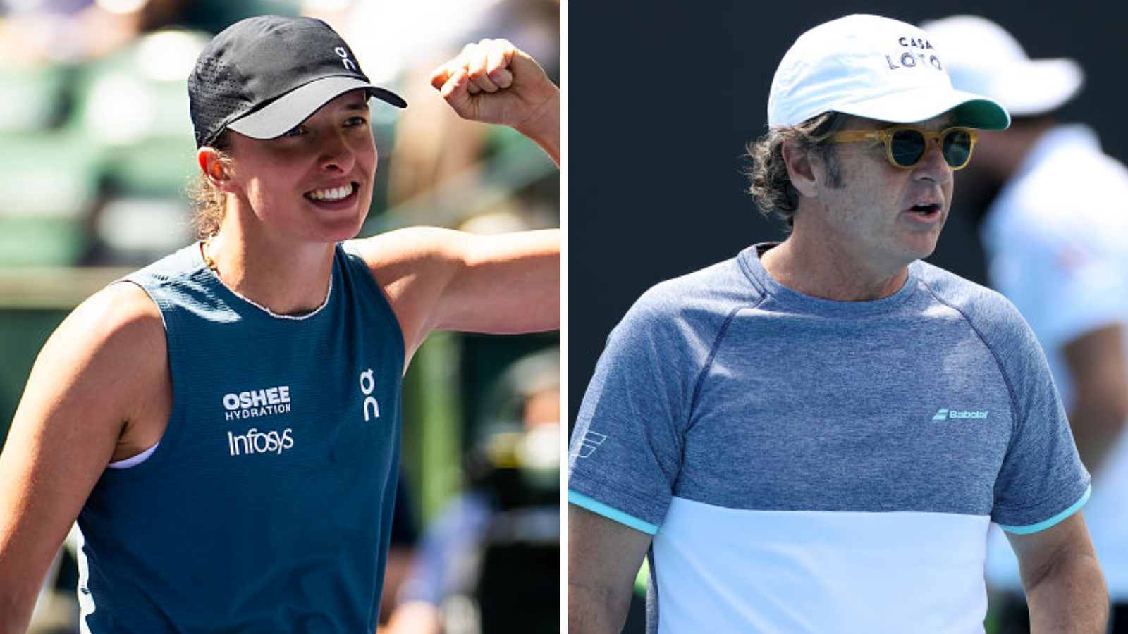 Iga Swiatek holds up her arm and Francisco Roig is wearing a hat and sunglasses