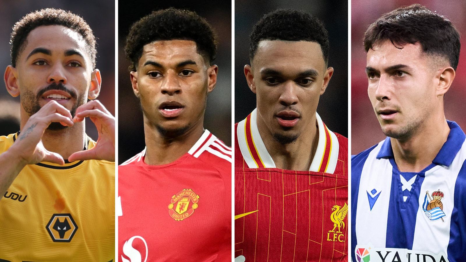 Split image of Wolves' Matheus Cunha, Manchester United's Marcus Rashford, Liverpool's Trent Alexander-Arnold and Real Sociedad's Martin Zubimendi