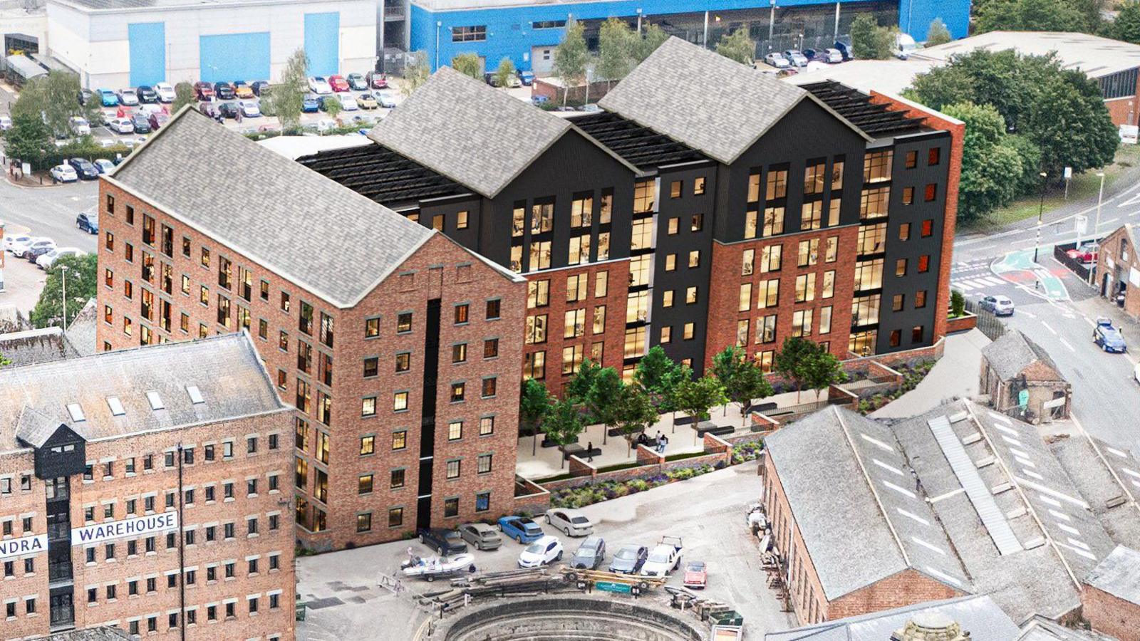 A computer-generated image of a modern six storey warehouse type building consisting of flats, surrounded by dockland, with warehouses and a modern college building with blue cladding behind.