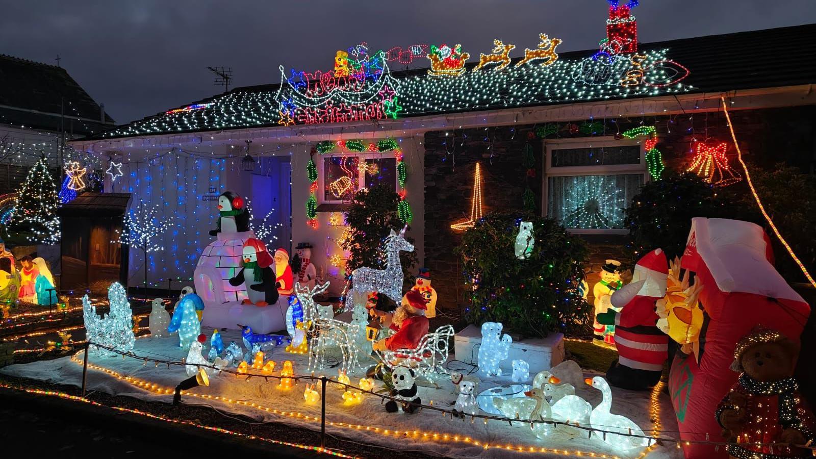 House and garden covered in Christmas decorations including penguins, an igloo, trees, stars, Father Christmases, sleighs and reindeers