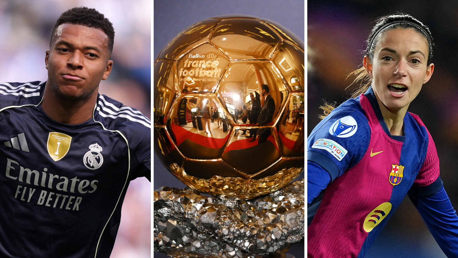 Split picture of Kylian Mbappe celebrating, the Ballon d'Or trophy, and Aitana Bonmati celebrating