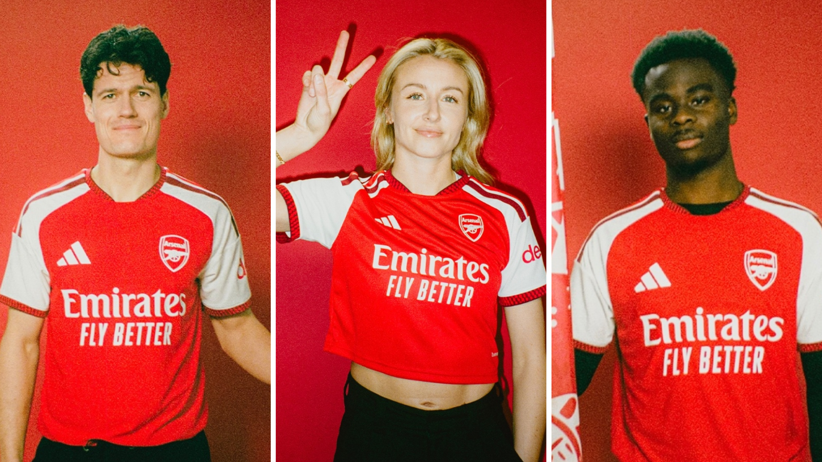 Christian Norgaard, Leah Williamson and Bukayo Saka wear new Arsenal home shirt