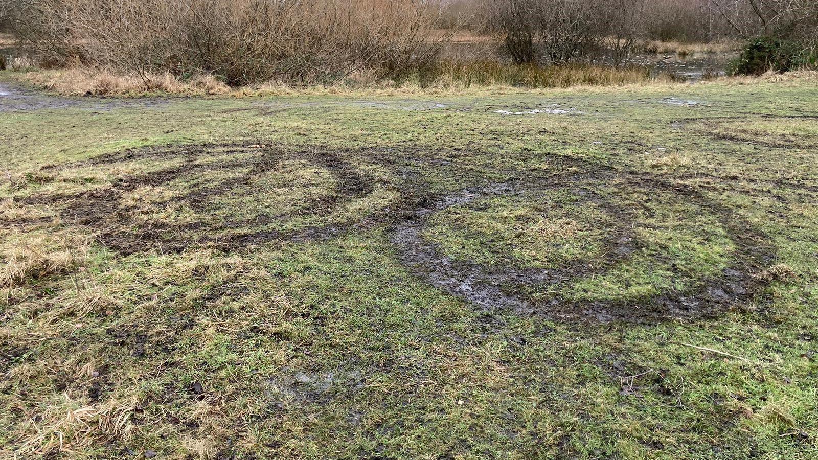 A piece of grassland with motorbike tracks all over it 