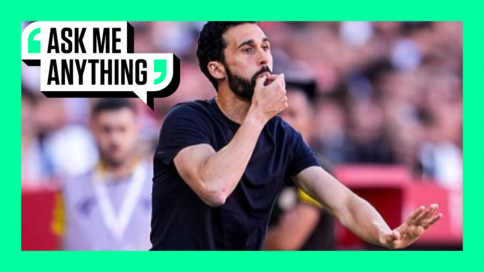 Alvaro Arbeloa on the touchline trying to get his players' attention during a Real Madrid game. The image is surrounded by a green border with 'Ask Me Anything' in the top corner.