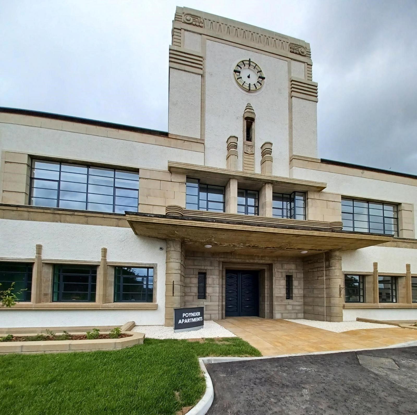 The art deco front of a former school in the Borders which has been converted into housing