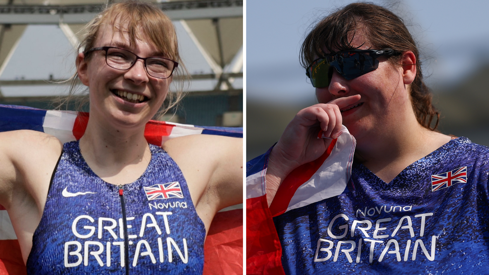 Anna Nicholson, left, and Lydia Church on the podium at the 2025 World Para Athletics Championships in New Delhi