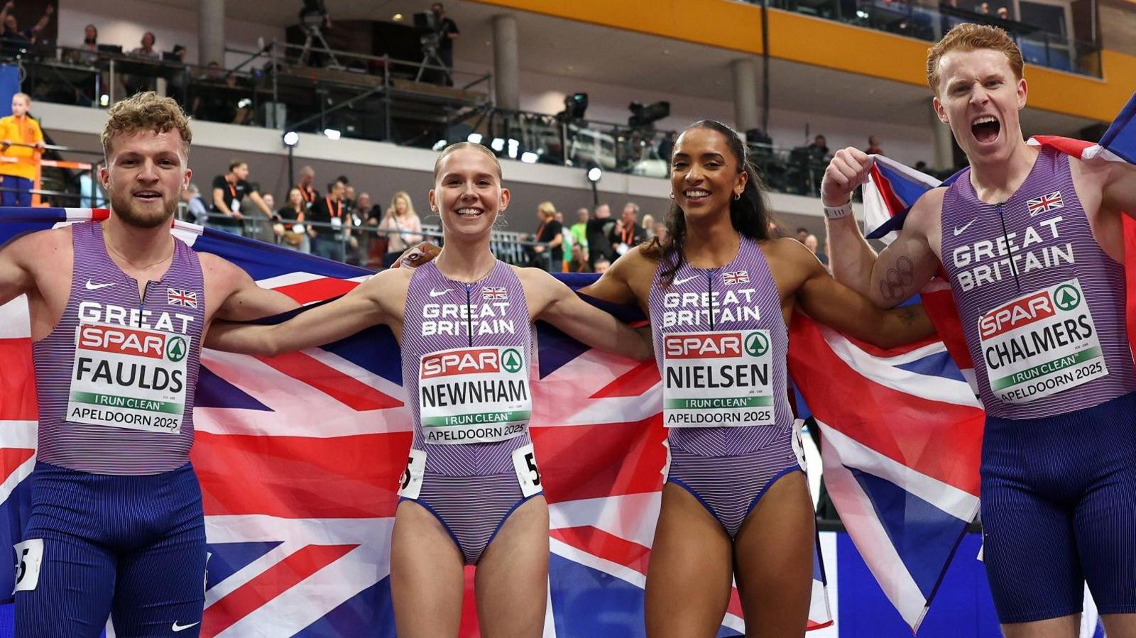 The British quartet featuring Alastair Chalmers, Emily Newnham, Joshua Faulds and Lina Nielsen celebrate after winning European indoor bronze