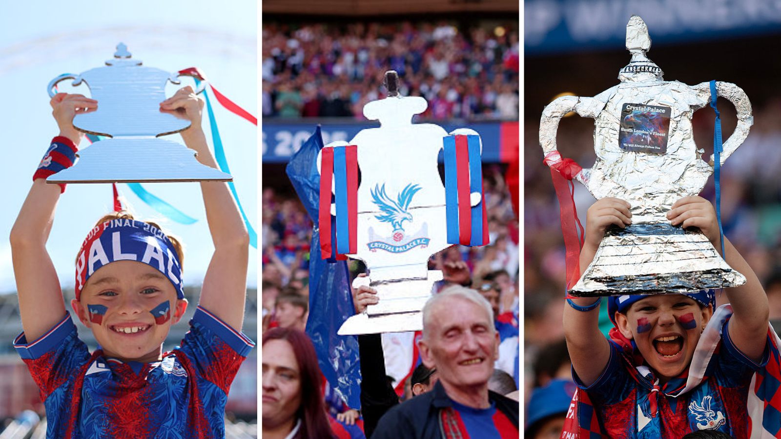 Aficionados del Crystal Palace con trofeos de la FA Cup hechos de papel de aluminio