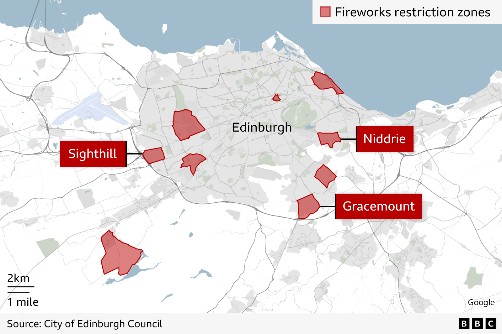 A map of Edinburgh with red areas highlighted to show the firework control zones.
The areas in Edinburgh with firework bans highlighted in the map are: Niddrie, Balerno, Calton Hill, Seafield, Corstorphine, Moredun, Gracemount, Longstone and Sighthill.
Lines point to identify Niddrie, Gracemount and Sighthill on the map.
The source is City of Edinburgh Council.