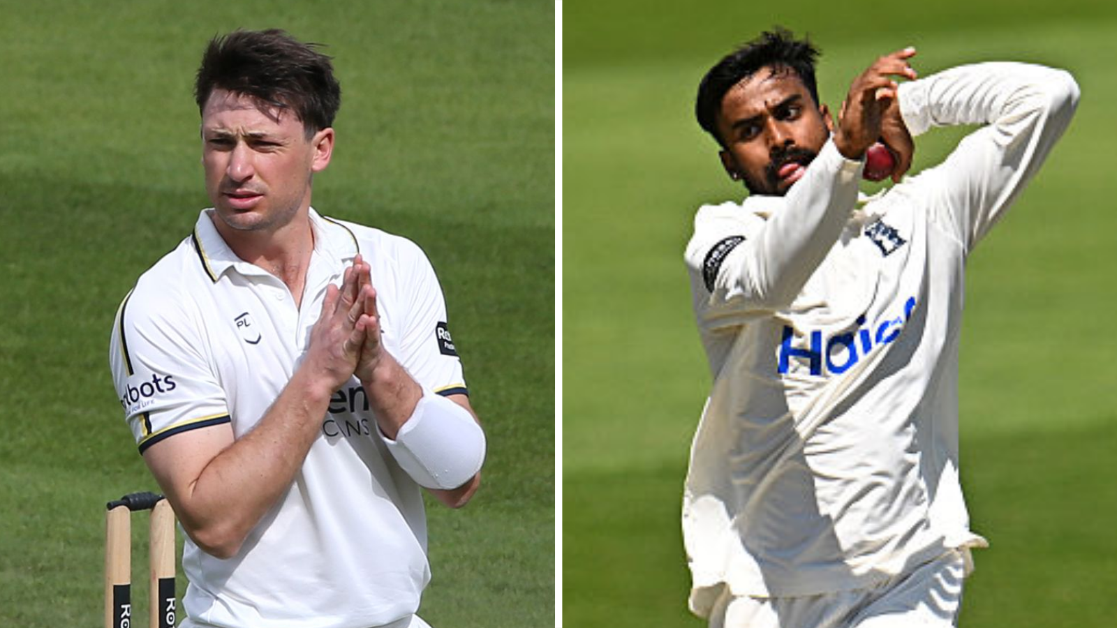Split picture showing New Zealand's Will Young on the left and India's Manav Suthar on the right. Young is holding his hands together in front of his chest while Suthar is about to bowl the ball.