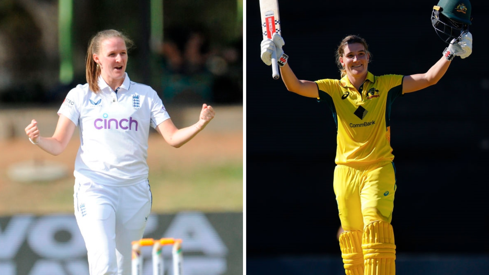 Left: Lauren Filer celebrates a wicket
Right: Annabel Sutherland celebrates a century