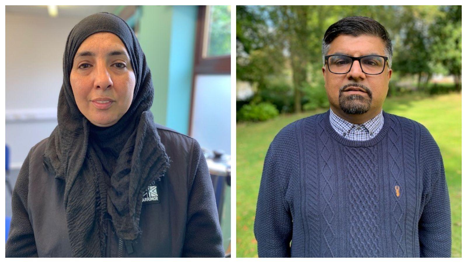 A woman pictured on the left is wearing a black hijab and a black hoodie  and a man pictured on the right is wearing a blue jumper with a checked blue short underneath and square framed glasses.