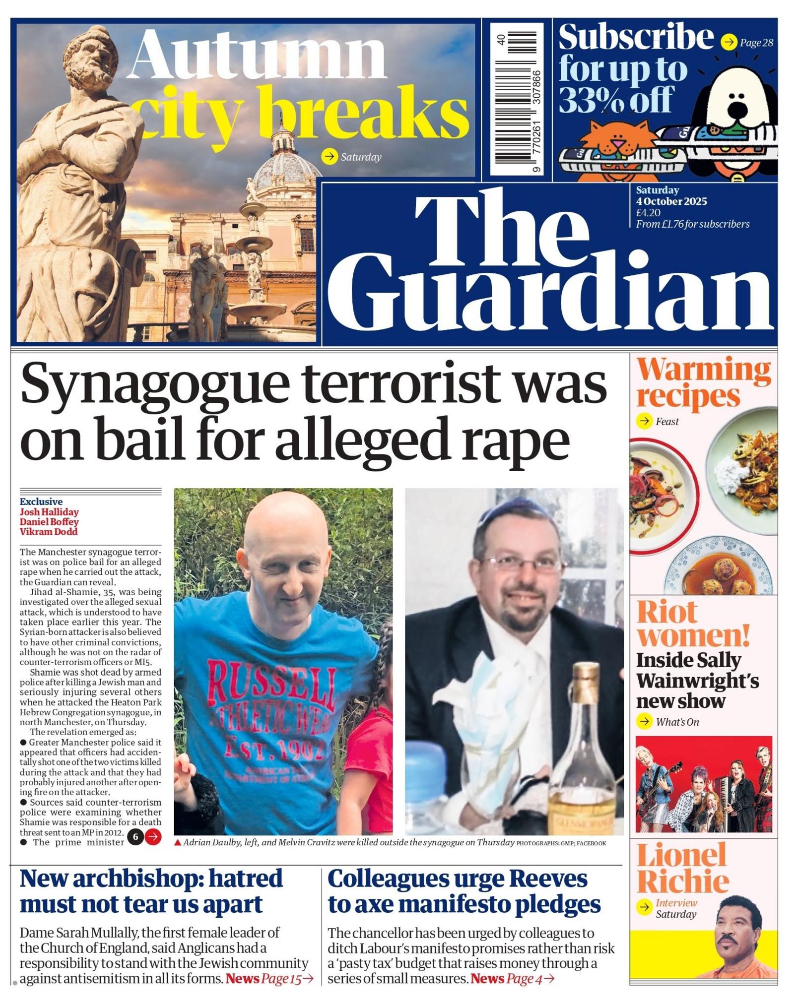 "Synagogue terrorist was on bail for alleged rape" reads the headline on the front page of The Guardian.