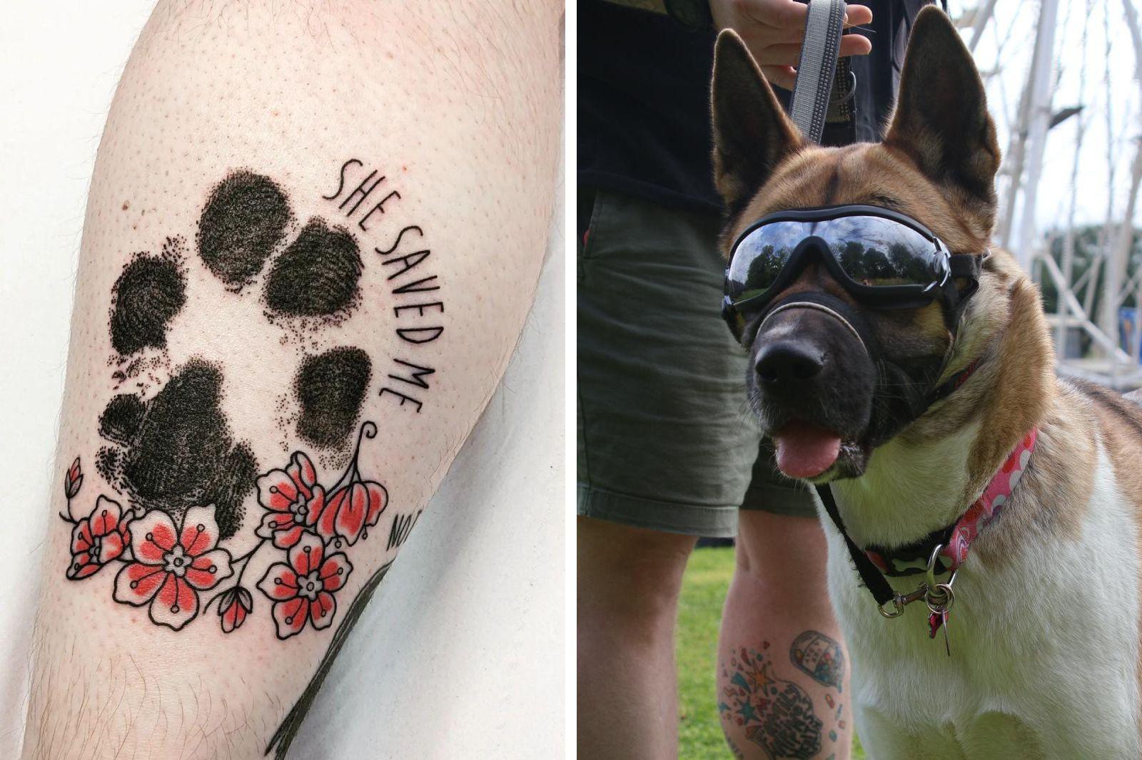 Two images. Left is an arm tattoo of a black paw print with red flowers beneath it. The words 'She saved me' is also included in the design.