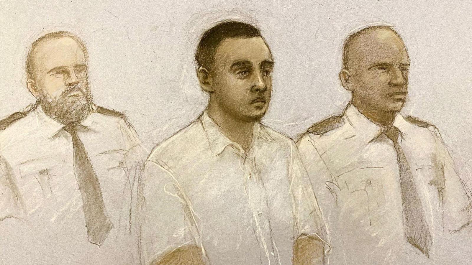 Court artist's sketch of Nasen Saadi, showing his short, dark hair and a thin moustache. Security guards sit either side of him.