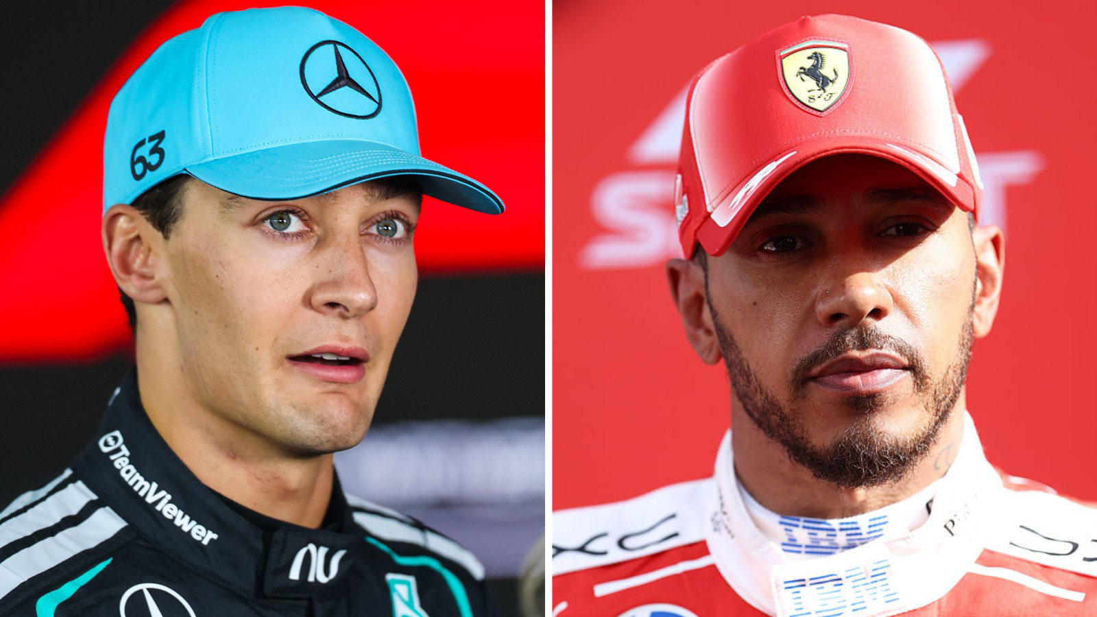 A split pic of Mercedes' George Russell (left) and Ferrari's Lewis Hamilton (right)