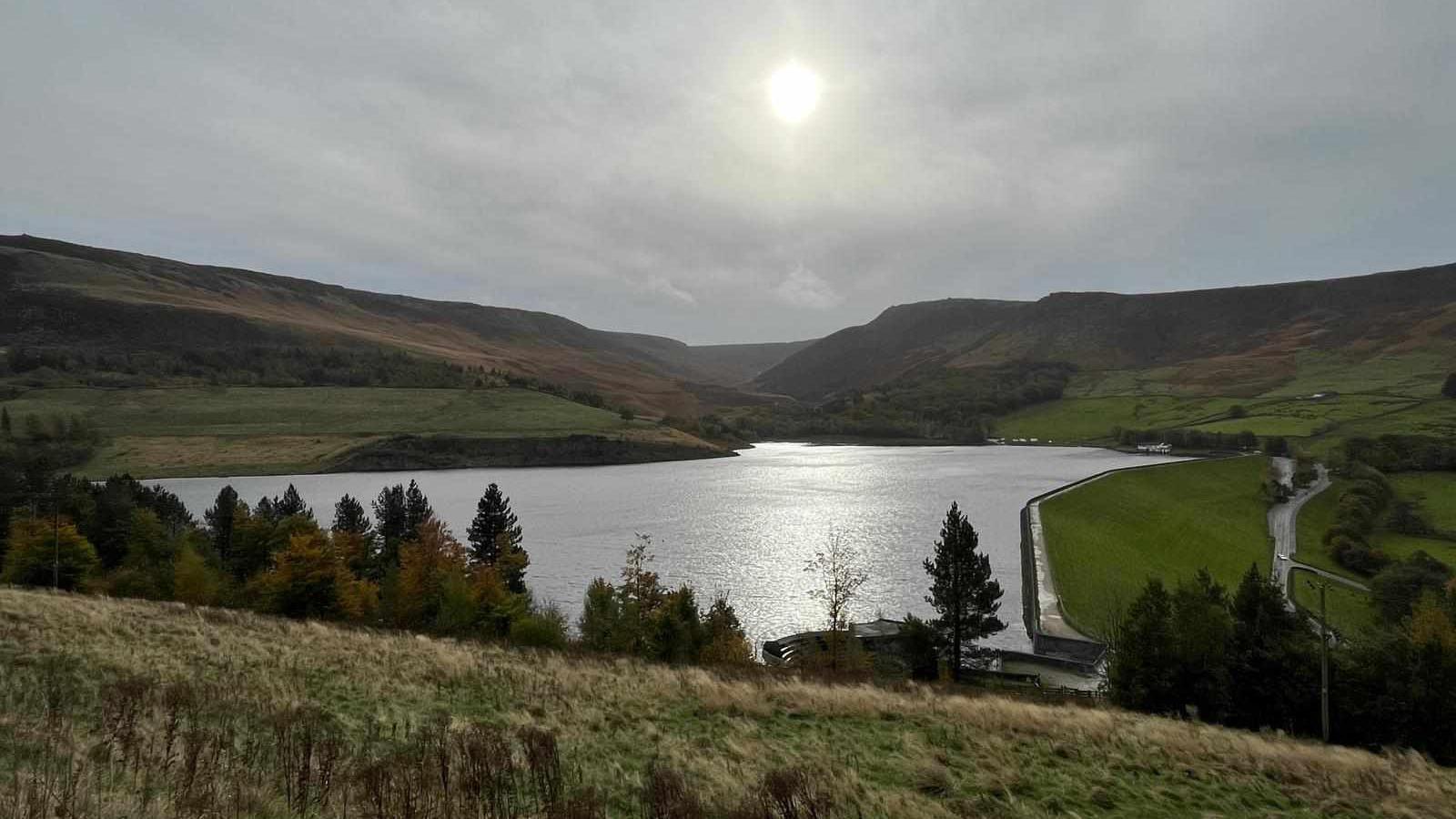 The tree-lined Dovestone Reservoir from a grass bank on a sunny day.