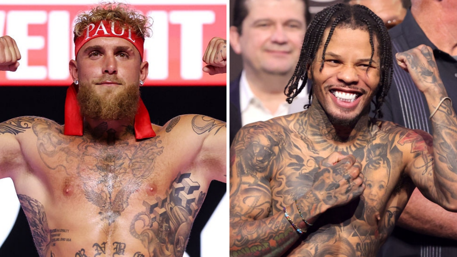 Jake Paul is shirtless and holding up his arms next to Gervonta Davis who is shirtless and holding up his fists