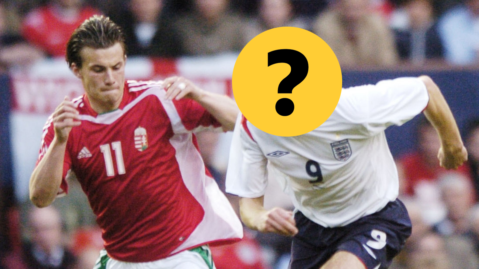 An England player in action against Hungary in October 2006 with his face covered by a question mark