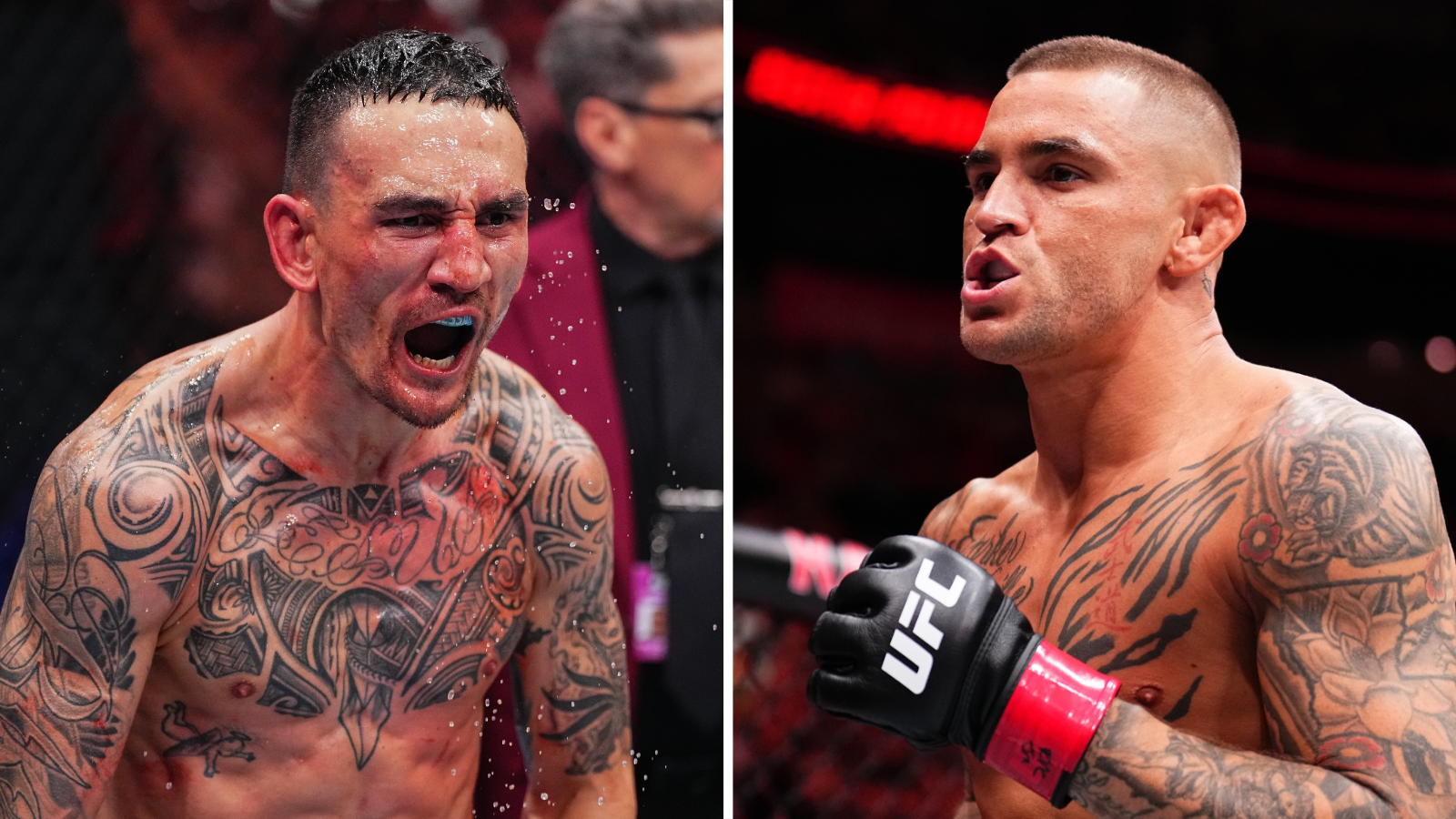 A divided image of Max Holloway and Dustin Poirier