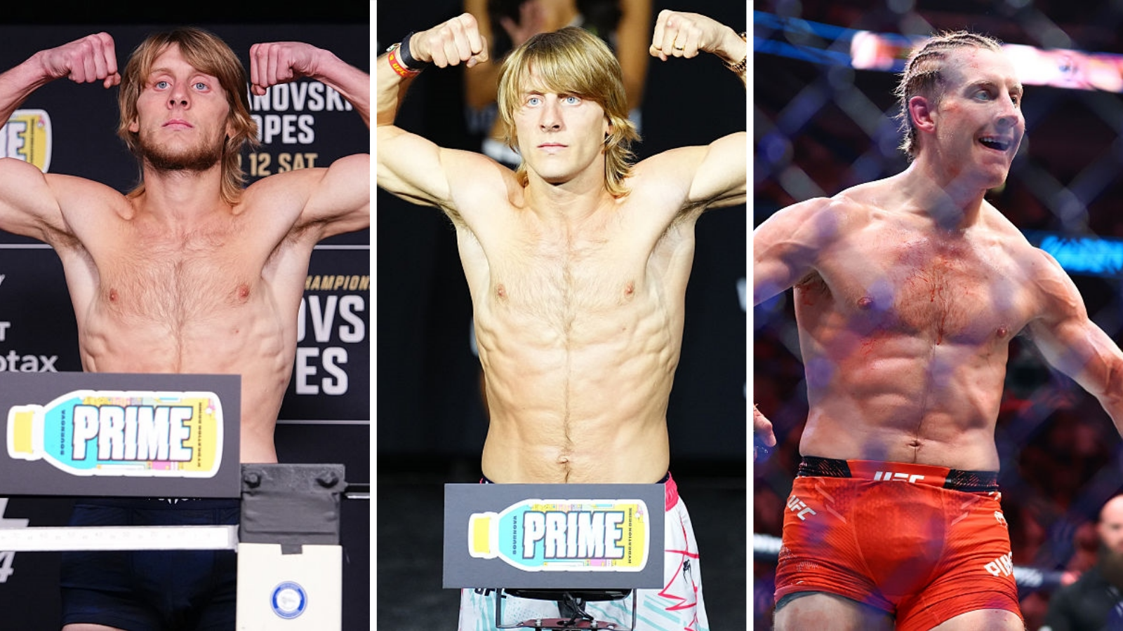 Split image of Paddy Pimblett weighing in on the morning, the ceremonial weigh-ins and then a picture of his body on fight night, each time looking less skinny