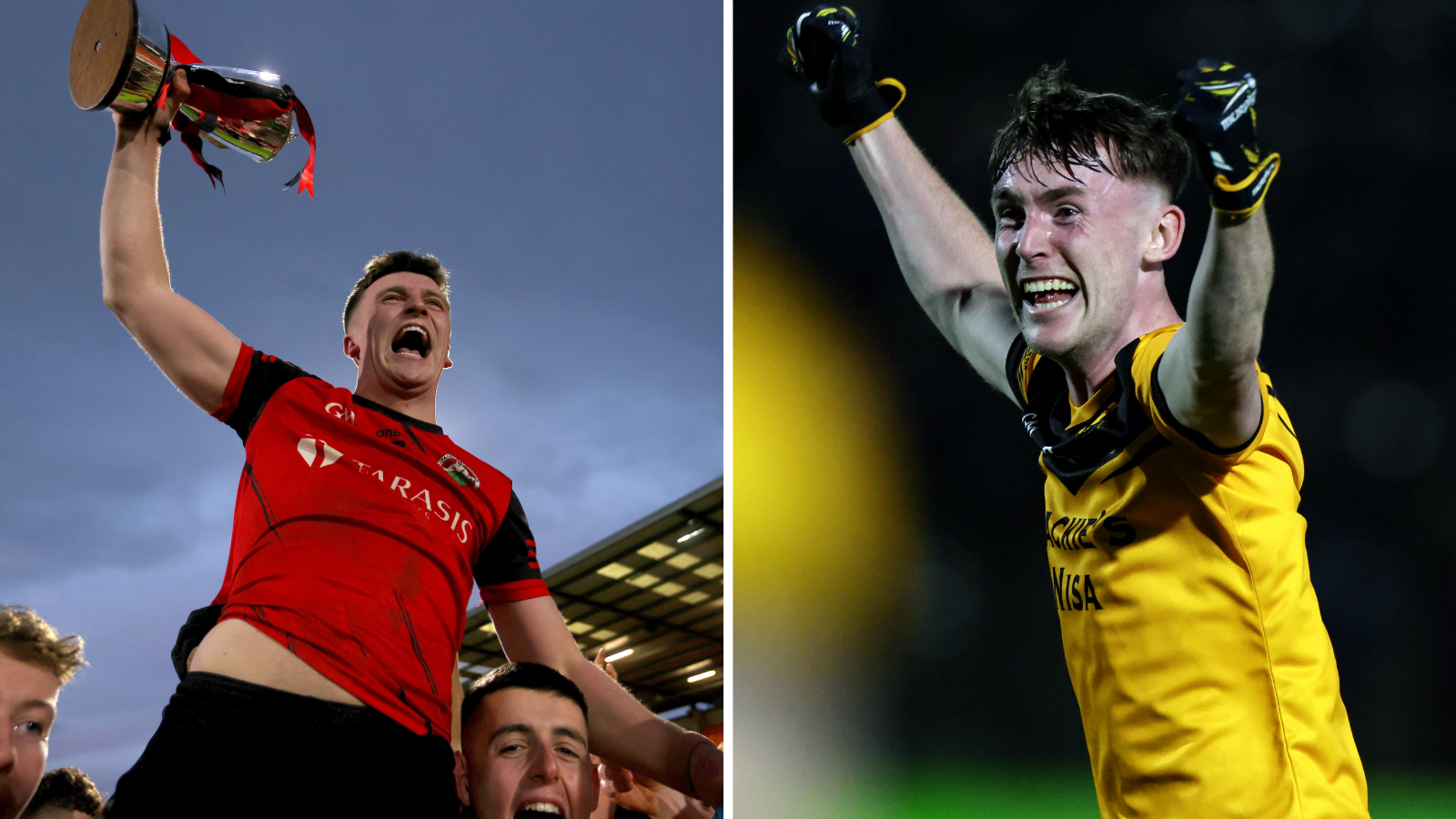Madden's Oisin O'Hara and Loughmacrory's Ronan Fox celebrate