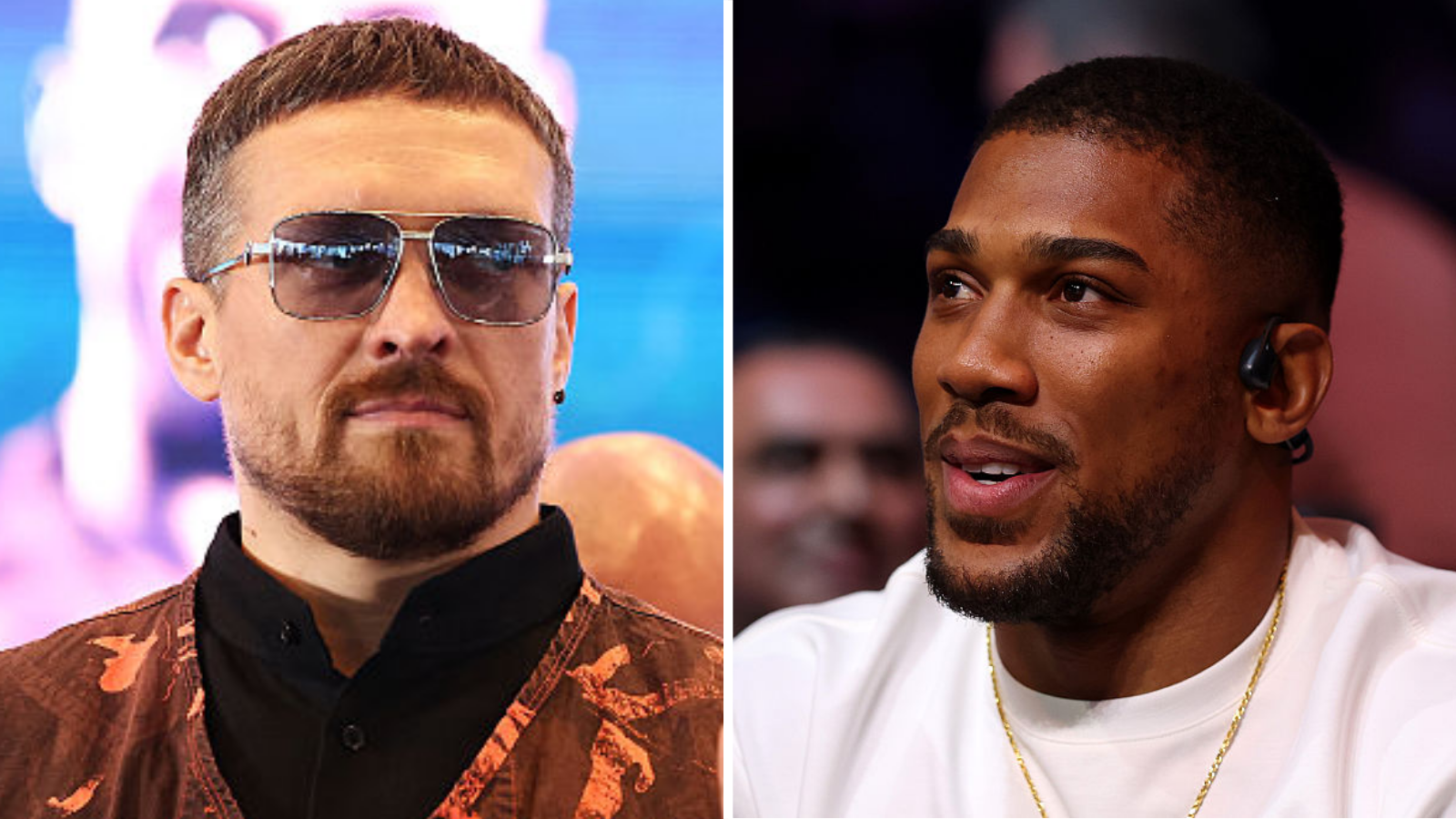 Oleksandr Usyk wearing sunglasses and and orange vest and Anthony Joshua wearing a white t-shirt