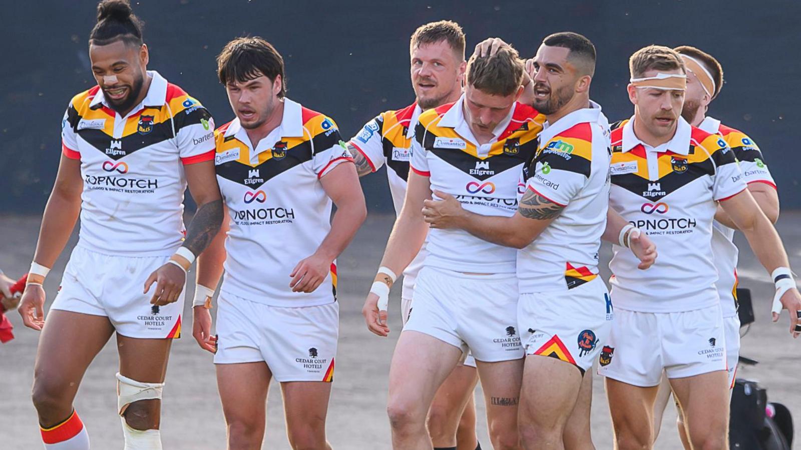 Bradford Bulls celebrate during a Super League fixture this season
