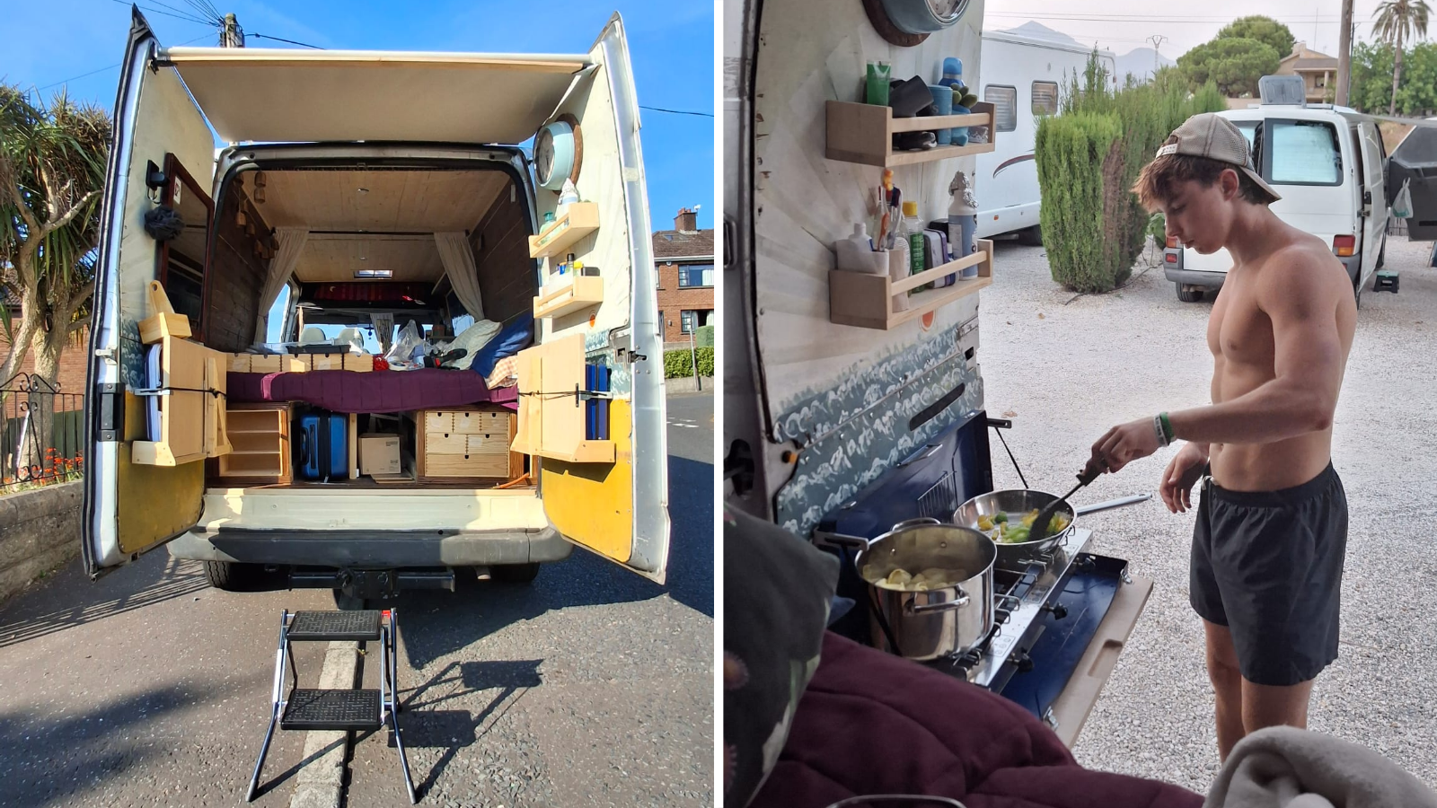 Milo Beimers and his adapted van, which features a bed and kitchen facilities