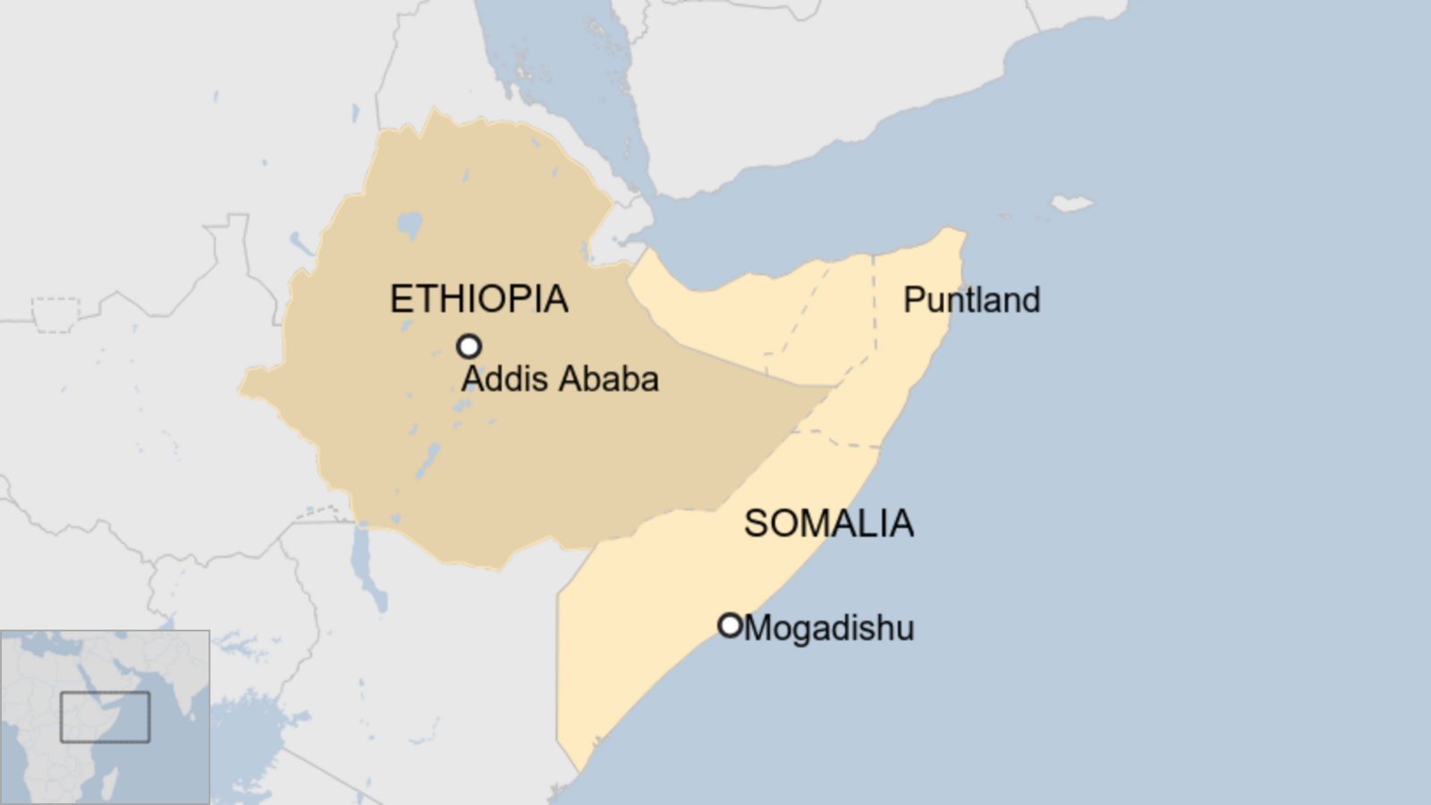 Map showing location of Ethiopia and Somalia