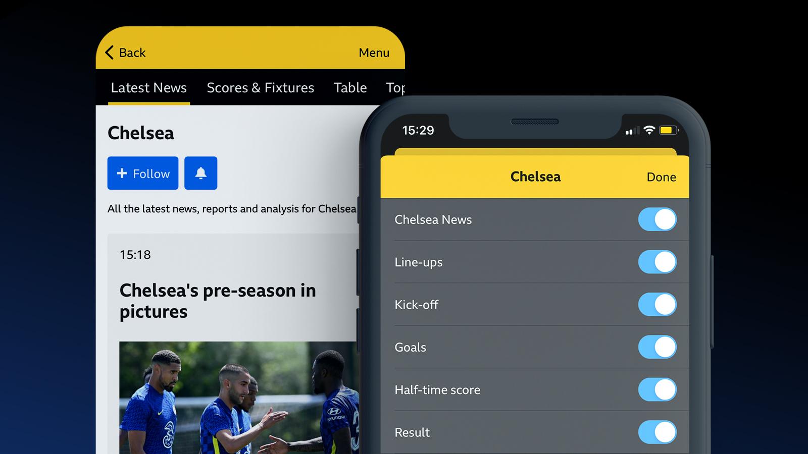 A graphic showing screengrabs of Chelsea's page and notifications menu in the BBC Sport app