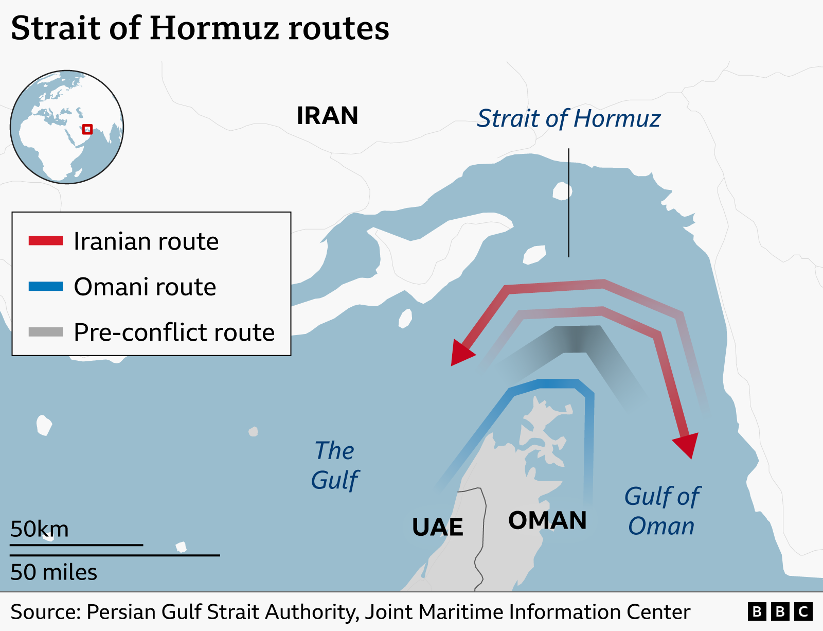 A map showing the routes through the Strait of Hormuz