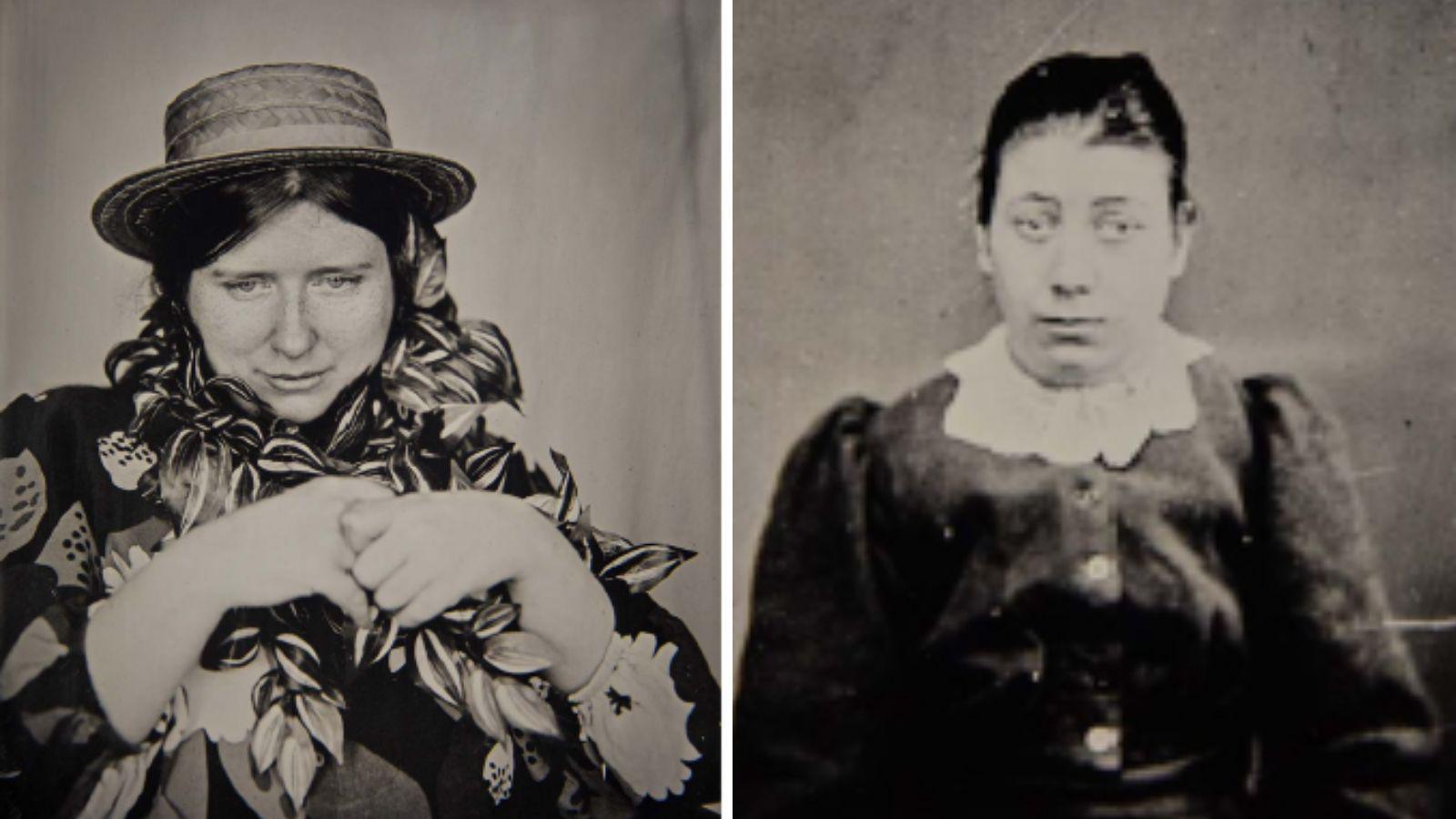 Two black and white photographs of woman with long black hair