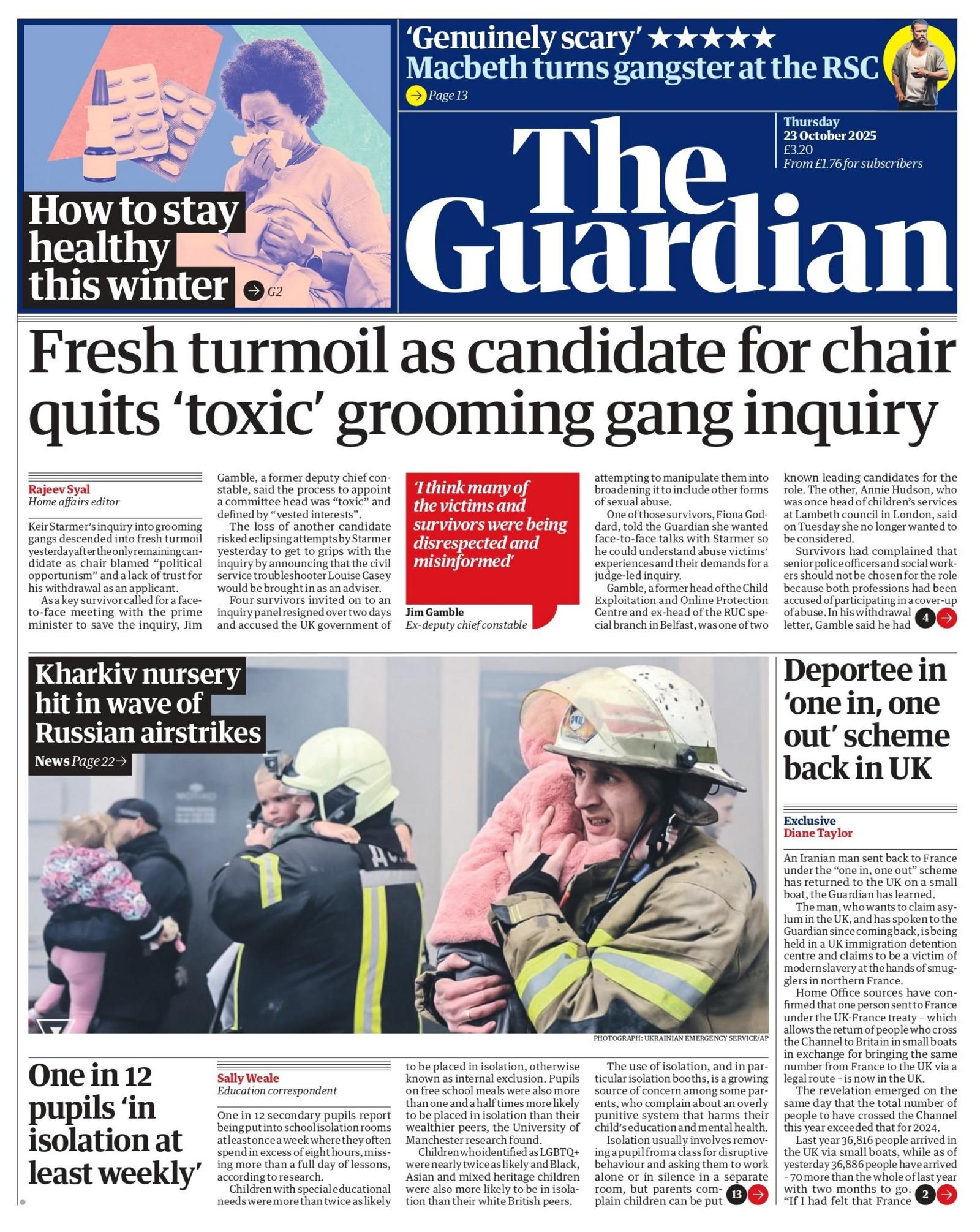 "Fresh turmoil as candidate for chair quits 'toxic' grooming gang inquiry" reads the headline on the front page of The Guardian.