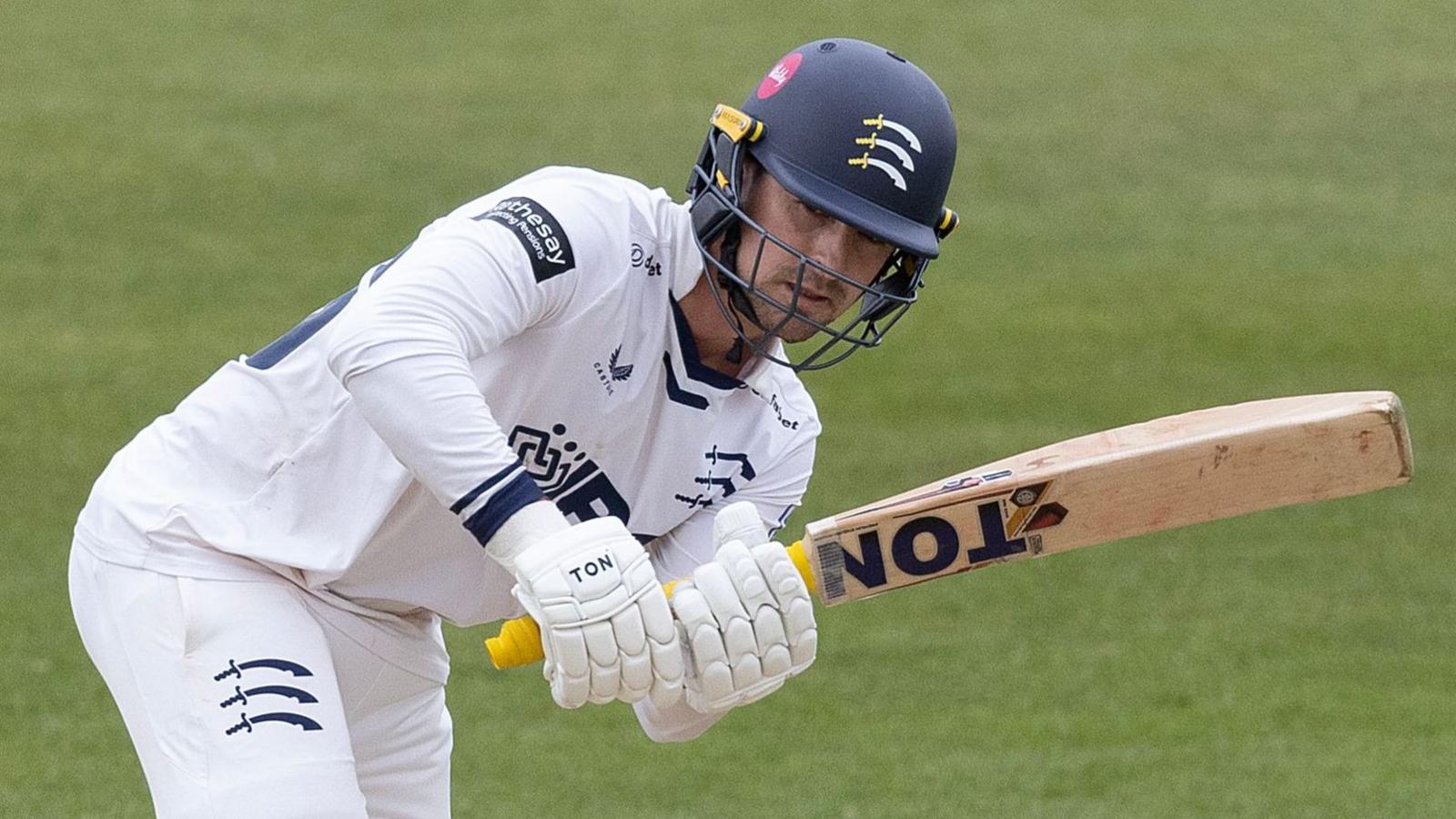 Leus du Plooy plays a shot for Middlesex against Northamptonshire at the County Ground in April 2026.