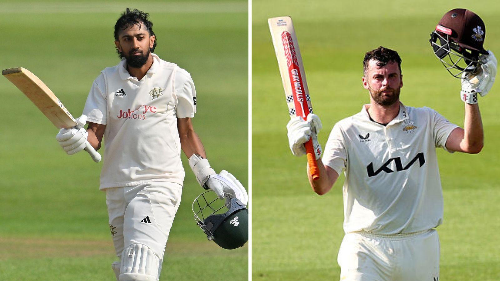 Haseeb Hameed and Dom Sibley raise their bats after milestones