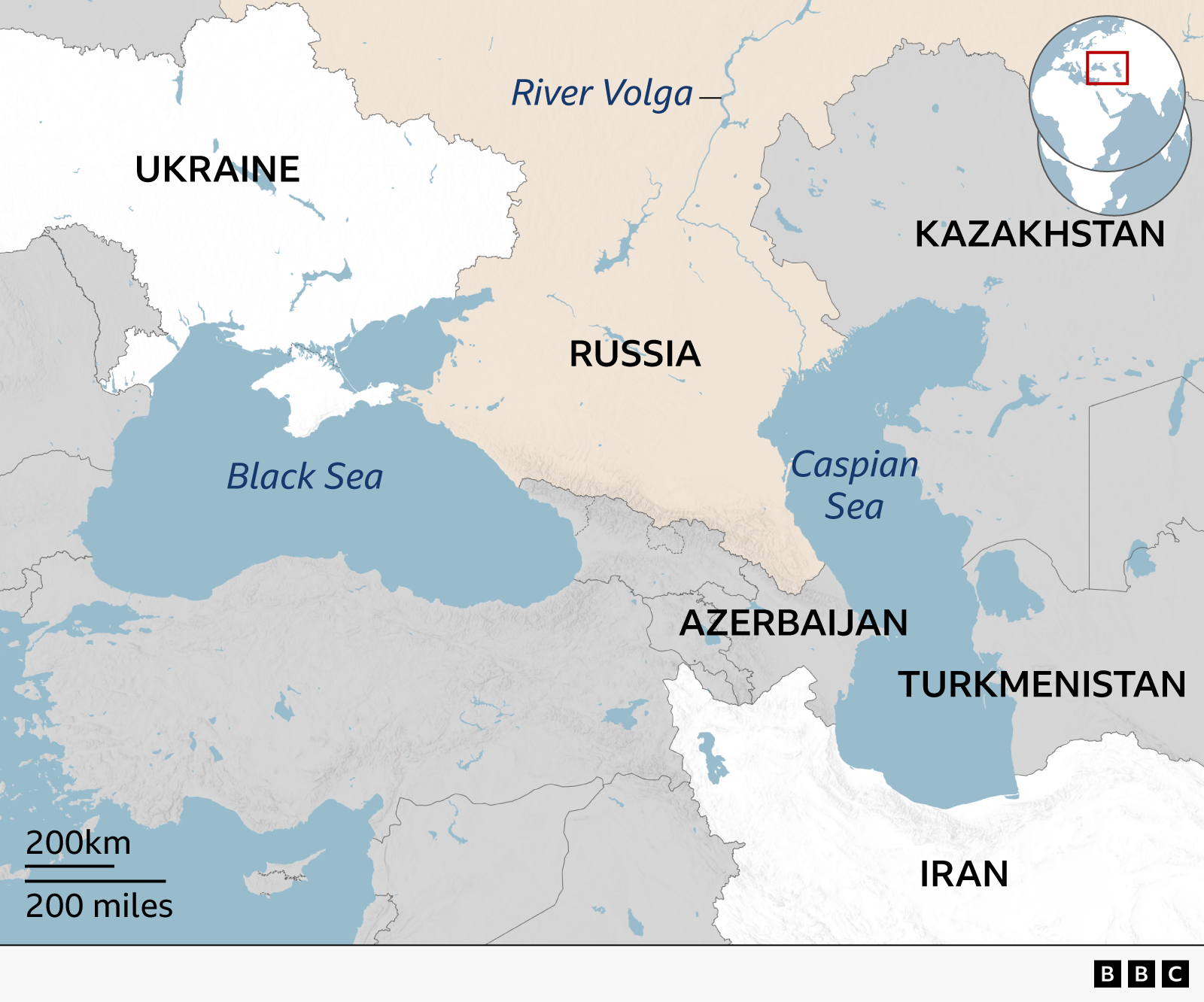 A BBC map of the Caspian Sea region showing the countries that surround or border the sea. Russia is located to the north and northwest, Kazakhstan to the northeast, Turkmenistan to the southeast, and Iran to the south, and Azerbaijan on the western shore. Ukraine is show on the northern shore of the nearby Black Sea to the west. Russia borders both the Black Sea and the Caspian Sea and lies between Ukraine and the Caspian Sea. The River Volga is shown passing through Russia and flowing into the northern shore of the Caspian Sea. An inset globe in the top-right codrner highlights the Caspian Sea's location between Europe and Asia.