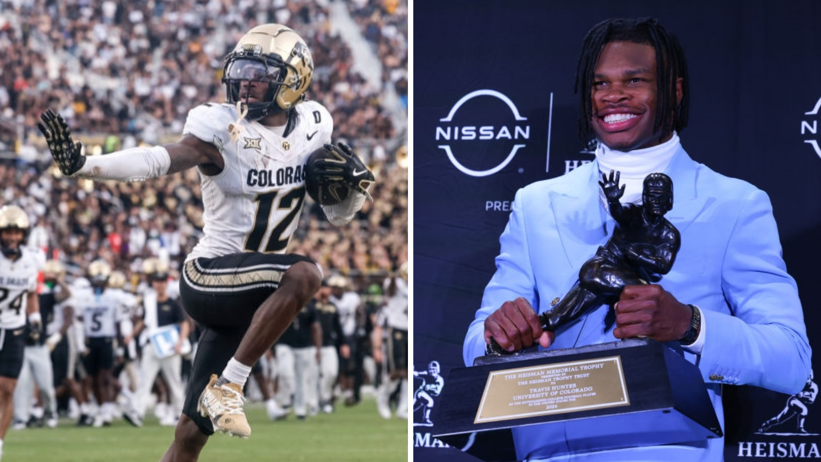 Split image of Travis Hunter celebrating with a Heisman pose and holding the Heisman Trophy after winning the award in 2024 