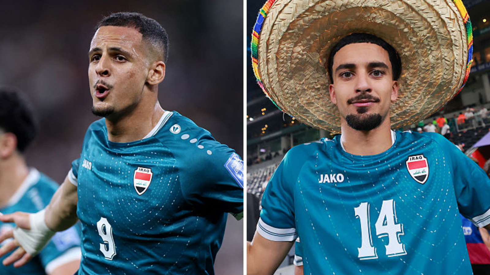 Split image of Ali Al-Hamadi celebrating his goal for Iraq against Bolivia and Zidane Iqbal posing while wearing a sombrero after Iraq's win