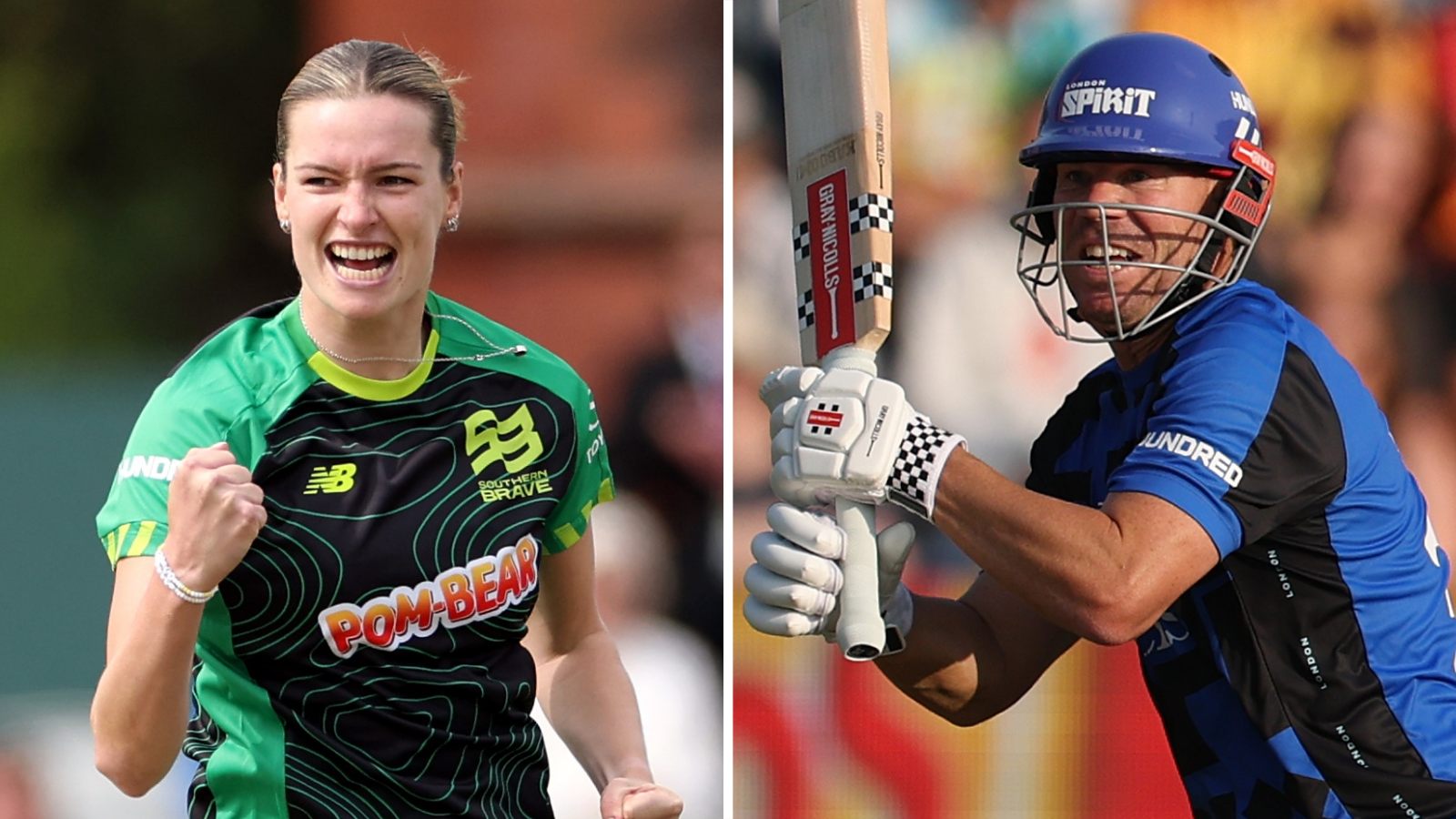 Split graphic of Southern Brave's Lauren Bell and London Spirit's David Warner