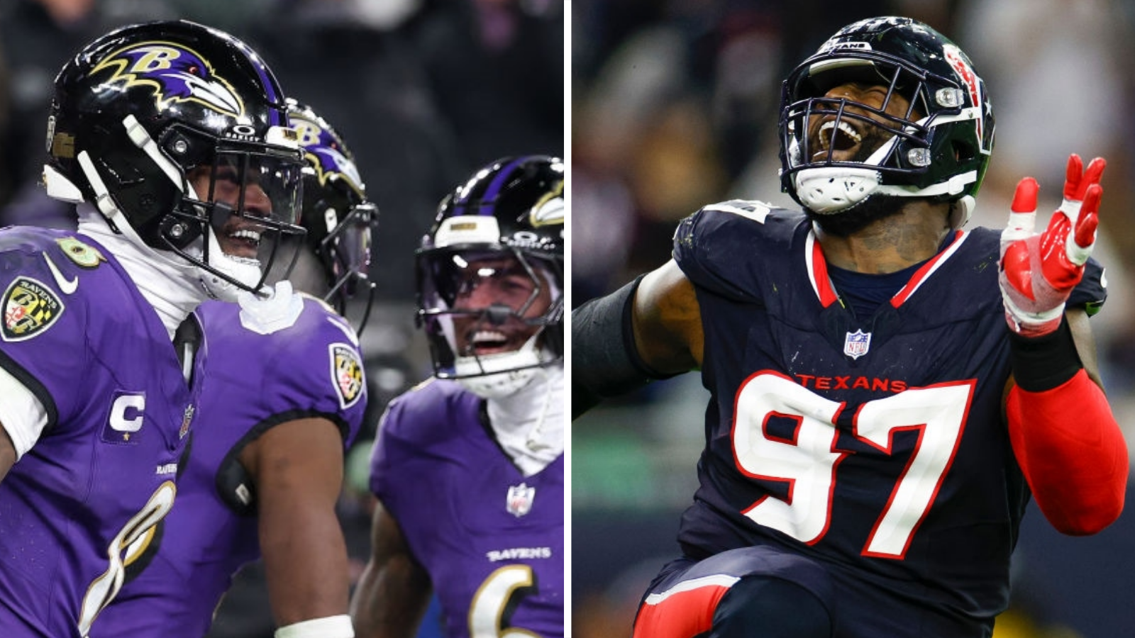 Split image of Lamar Jackson and Mario Edwards celebrating