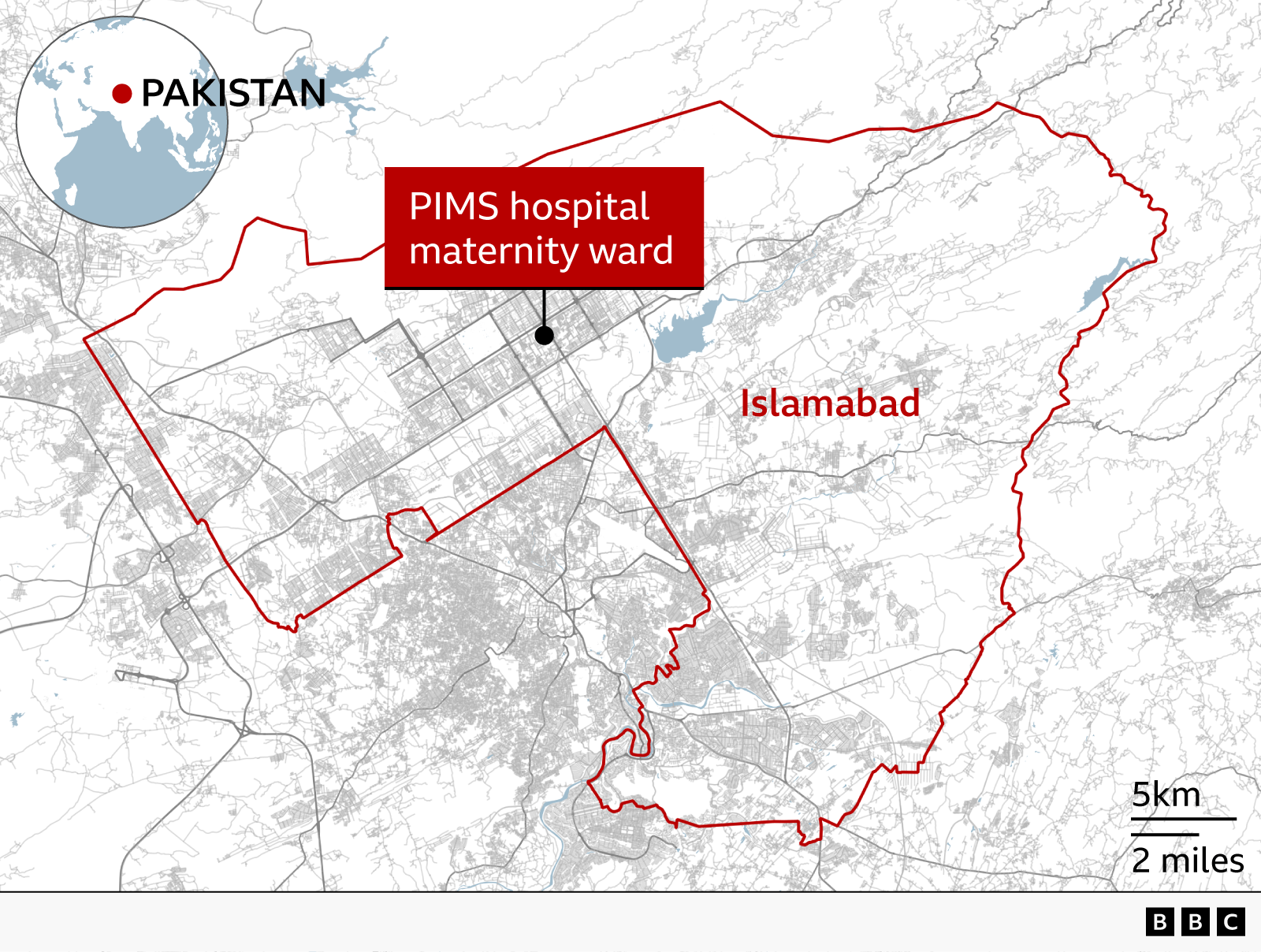 Map of Islamabad, Pakistan, showing the location of the Pakistan Institute of Medical Sciences (PIMS) hospital maternity ward. The city boundary is outlined in red, with a labelled marker indicating the maternity ward in the north-central part of the city. An inset globe in the top-left corner highlights Pakistan’s location in Asia. The map includes a scale of 5 km (2 miles) and is branded with the BBC logo.