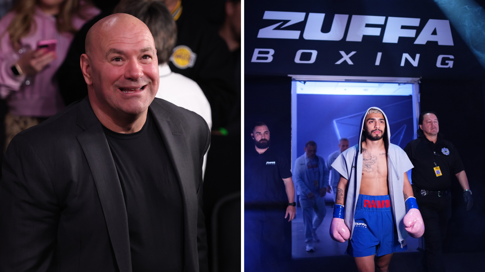 Split image of Dana White and a fighter making his ringwalk under the Zuffa Boxing banner