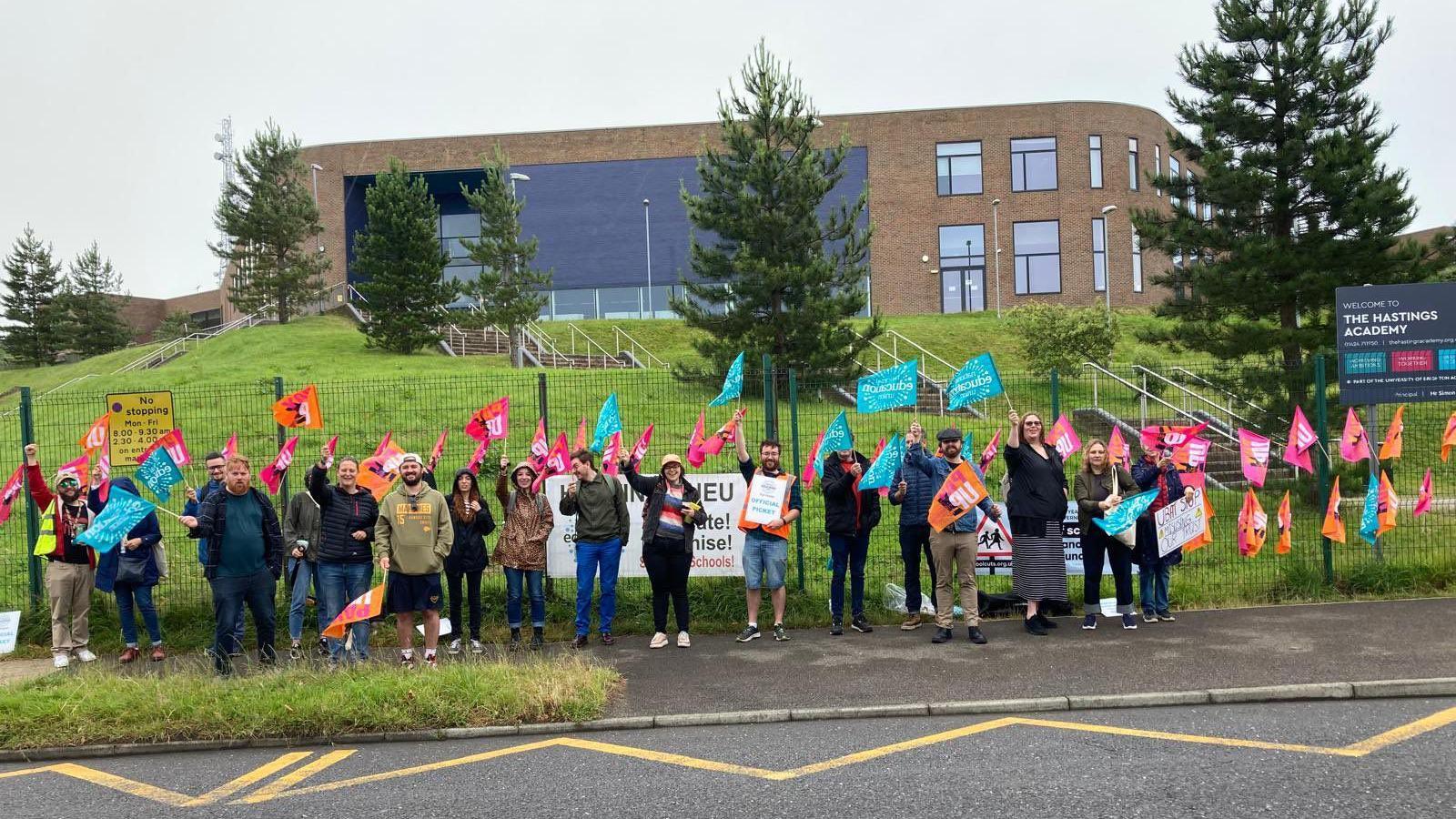 Hastings Academy staff members in a picket line