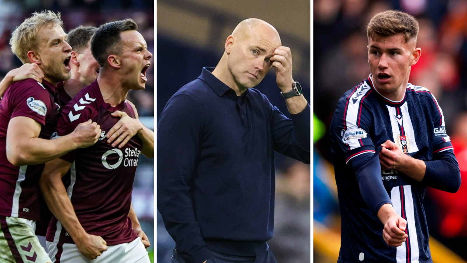 Hearts captain Lawrence Shankland, Motherwell head coach Jens Berthel Askou and Dundee midfielder Cameron Congreve