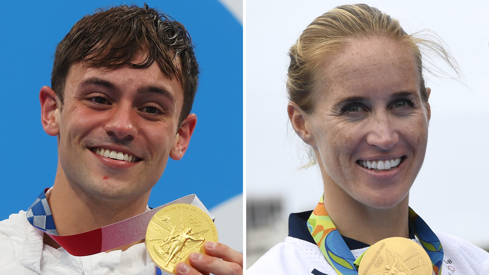 Tom Daley and Helen Glover holding Olympic medals