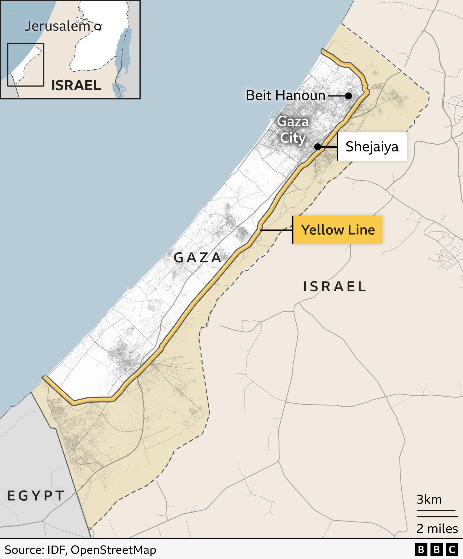 A map showing the yellow line running around a border of Gaza, with Beit Hanoun closest to the northern border, and Shejaiya near the yellow line on the north-eastern border.