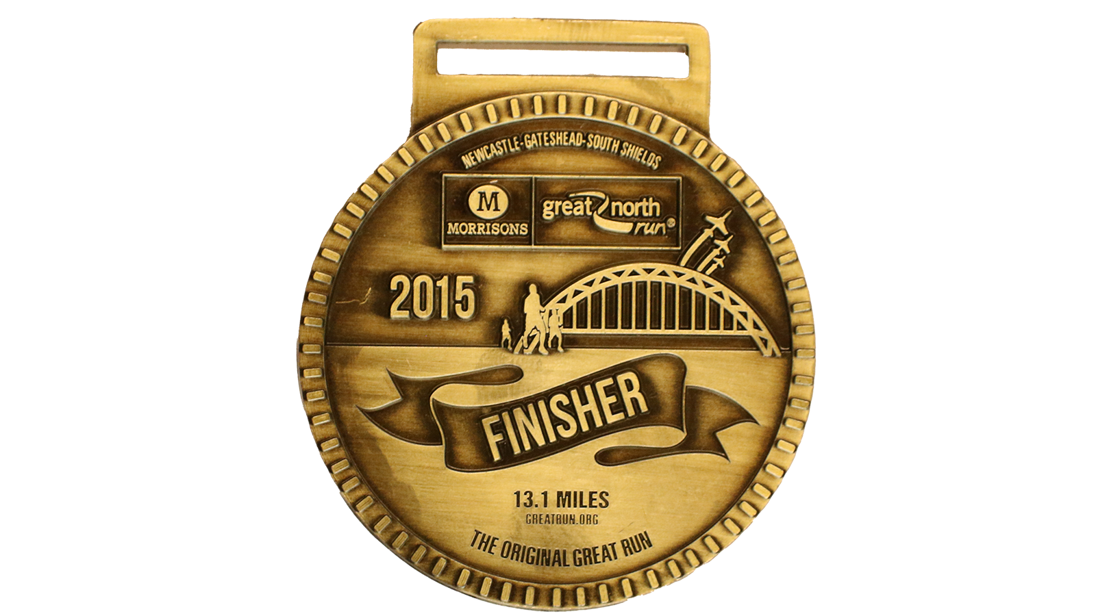 A gold circular medal that reads Morrisons Great North Run, Newcastle, Gateshead, South Shields at the top. It has the word 'Finisher' 13.1 miles, and the original great run on. 
