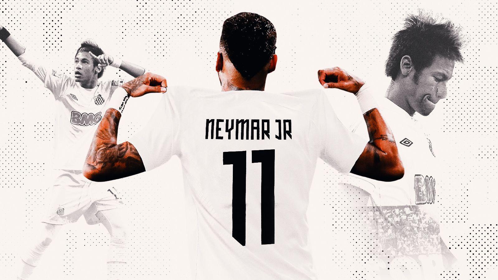 A graphic of Neymar in a Santos shirt placed in front of old photos of Neymar celebrating for Santos